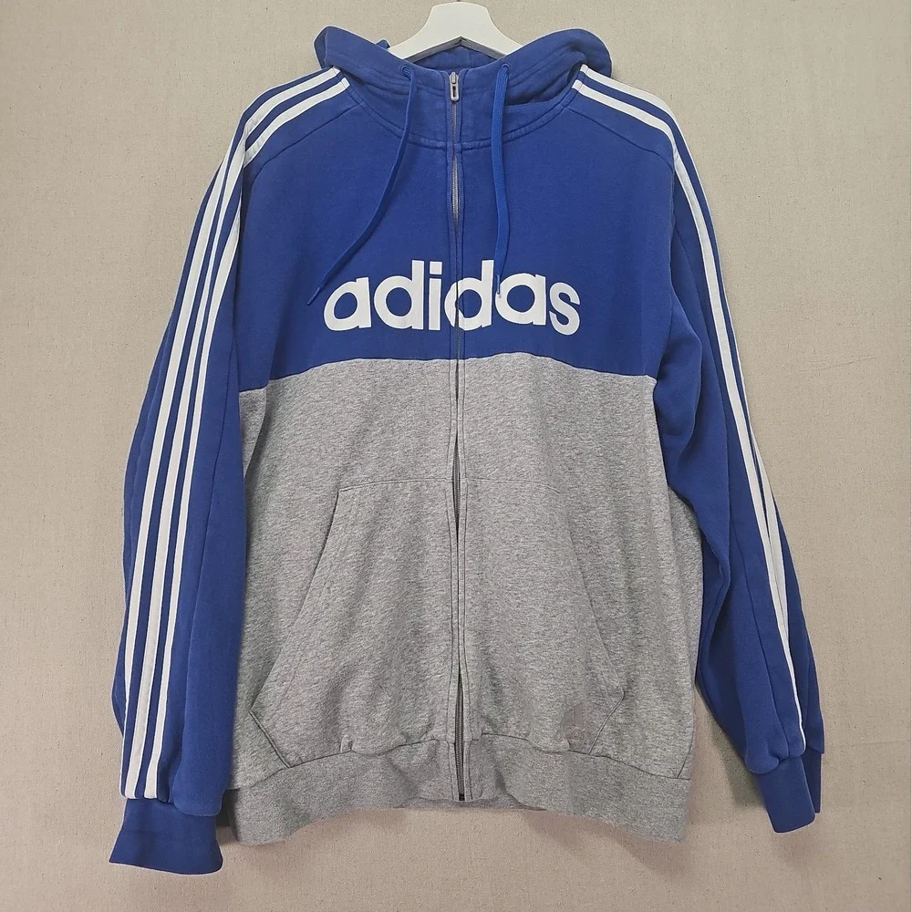 Adidas Essentials Men's XL Blue Gray Colorblock Full Zip Hooded Track Jacket